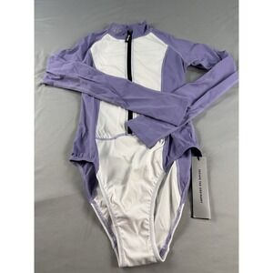 EVLV Womens Long Sleeve Bodysuit Purple White Athletic Zip Front Size Small NWT